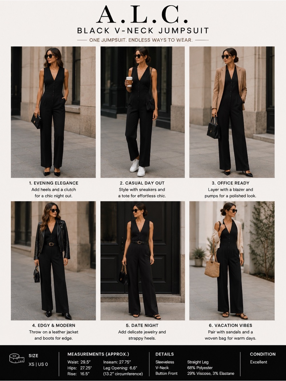 A.L.C. Black Sleeveless V-Neck Button Front Jumpsuit XS US 0